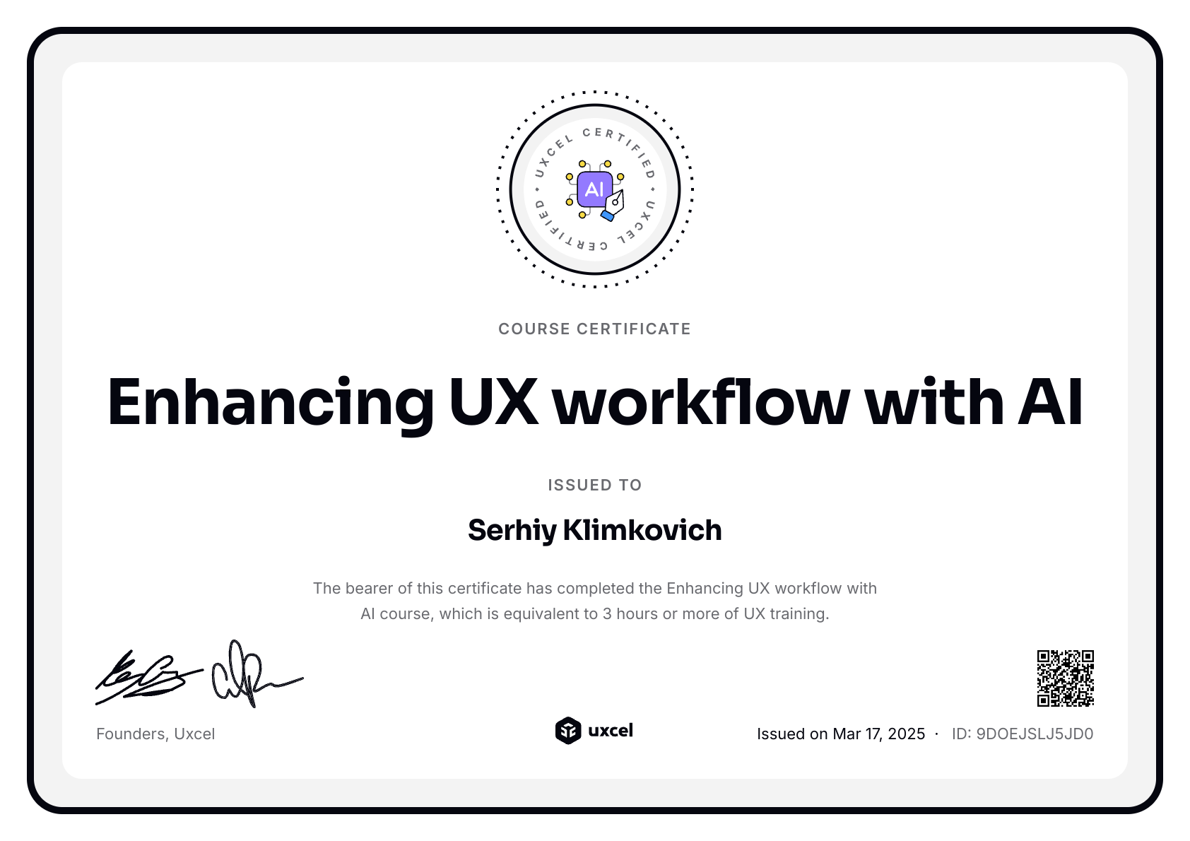 Serhiy Klimkovich's certificate